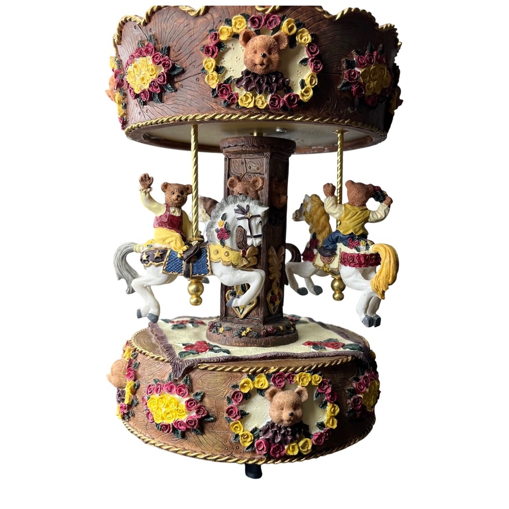 Musical Carousel Teddy Bear Horse Figurine Red Blue Floral Nursery Decor 10in - Picture 12 of 14